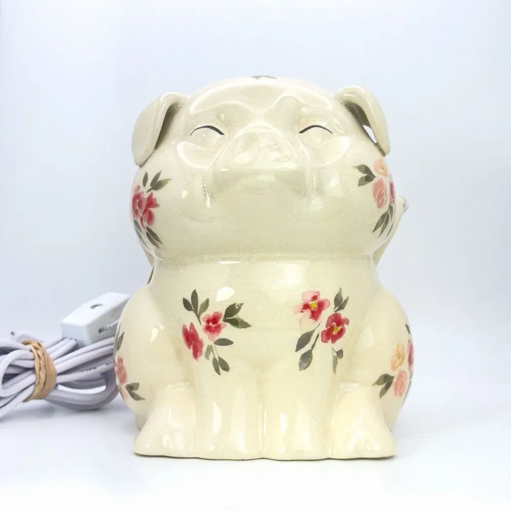 VTG. FLYING ANGEL PIG NIGHT LIGHT RED&PINK FLORAL CRACKLED FINISH WORKS GREAT.